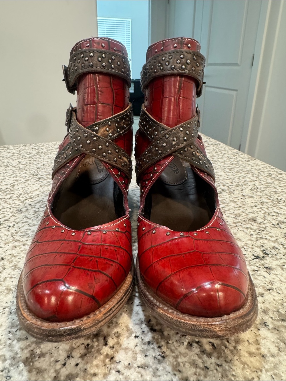 Freebird Saphire Red Croc-Embossed Ankle Booties with Studded Straps